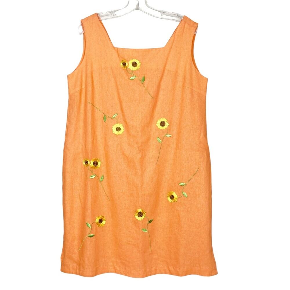 Vintage Magic Linen Blend Orange Sunflower Print Sleeveless Dress Sz 1X